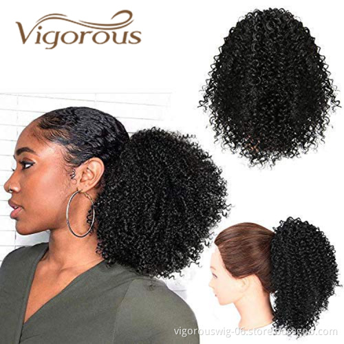 Vigorous Hot Selling Wholesale Fluffy Kinky Curly Heat Resistant Fiber Machine Made Drawstring Synthetic Ponytail Hair Extension